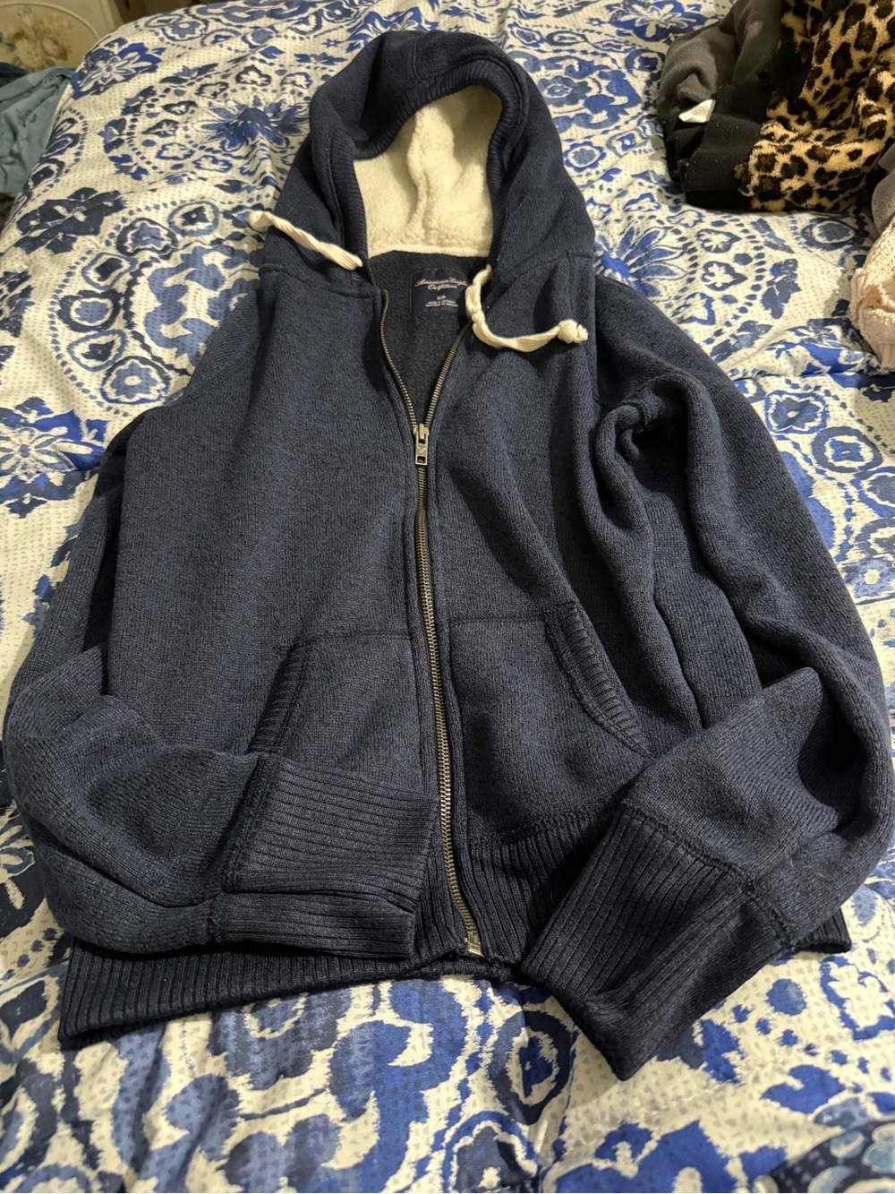 Women’s Navy Zip-Up Sherpa Lined Hoodie Sweater